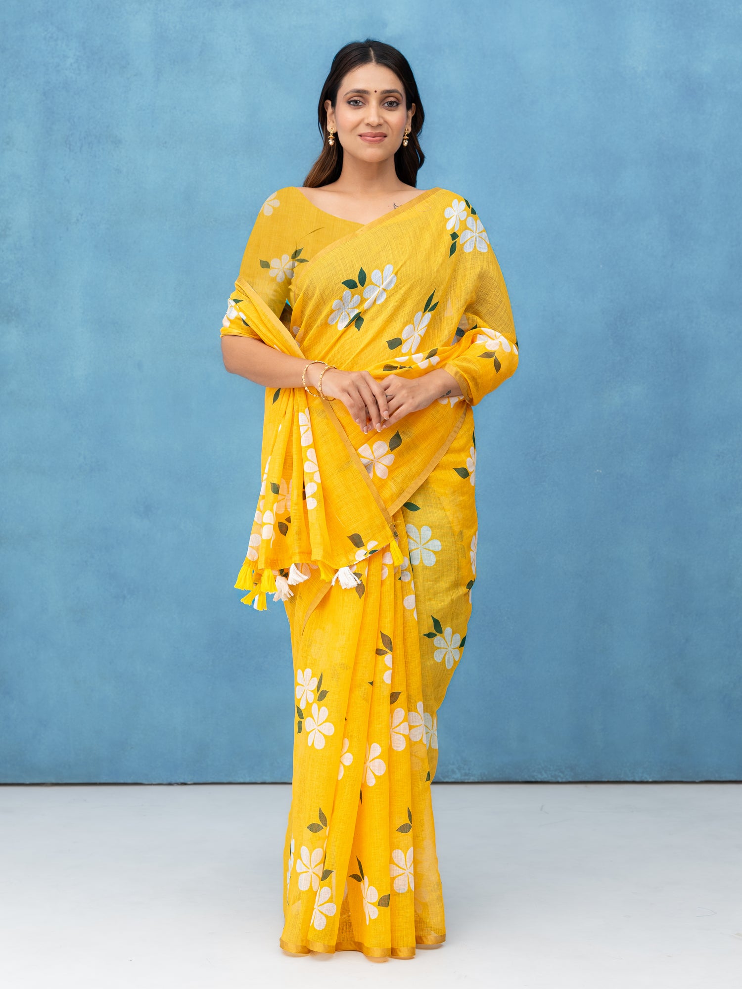 Yellow Cotton Linen Saree