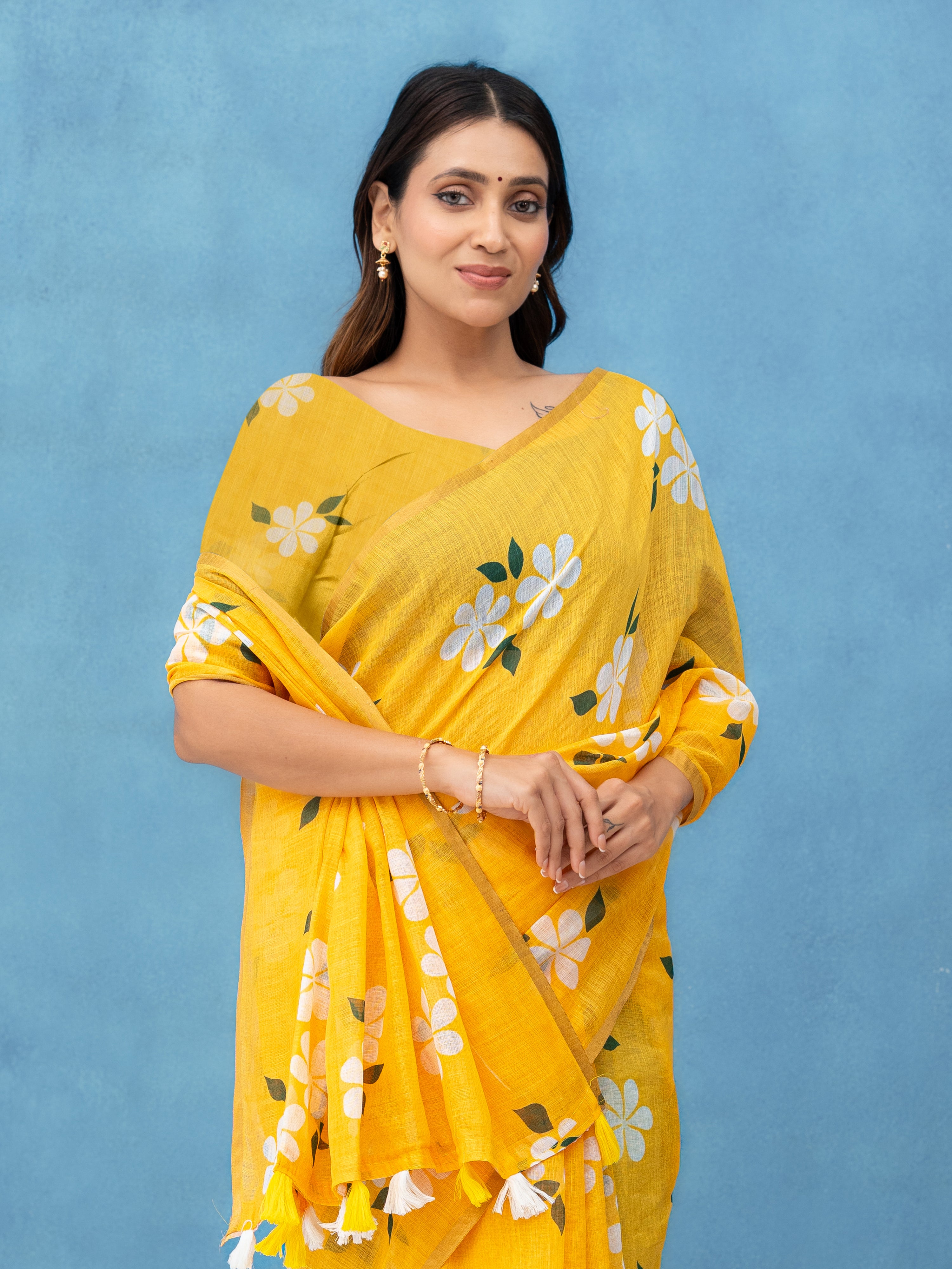Yellow Cotton Linen Saree