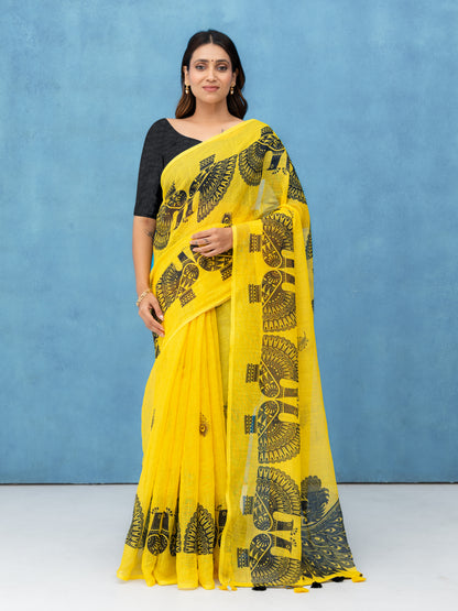 Yellow Cotton Linen Saree