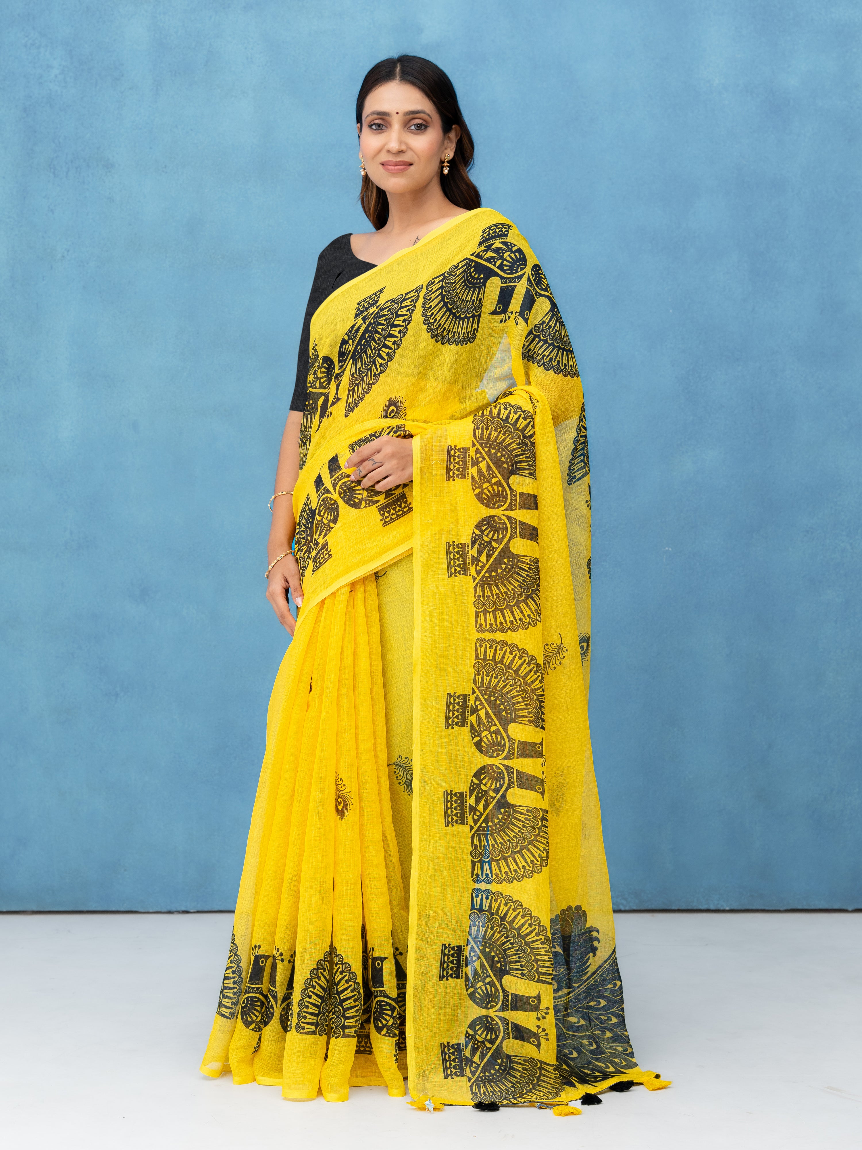 Yellow Cotton Linen Saree