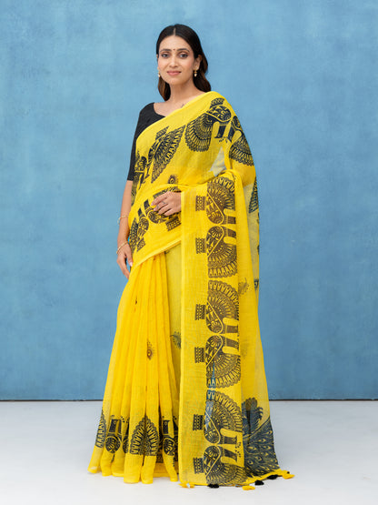 Yellow Cotton Linen Saree