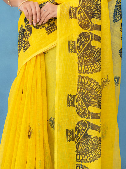 Yellow Cotton Linen Saree