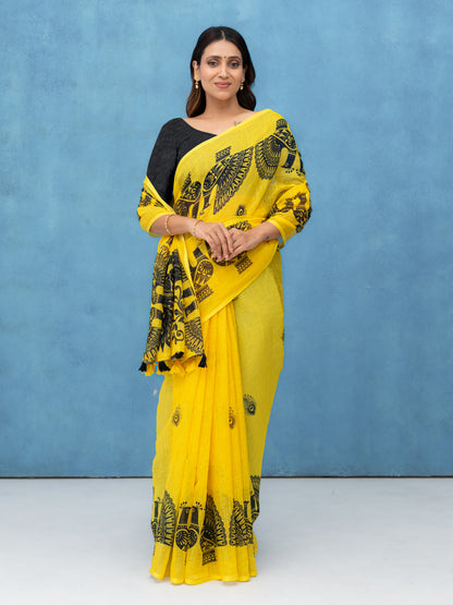 Yellow Cotton Linen Saree