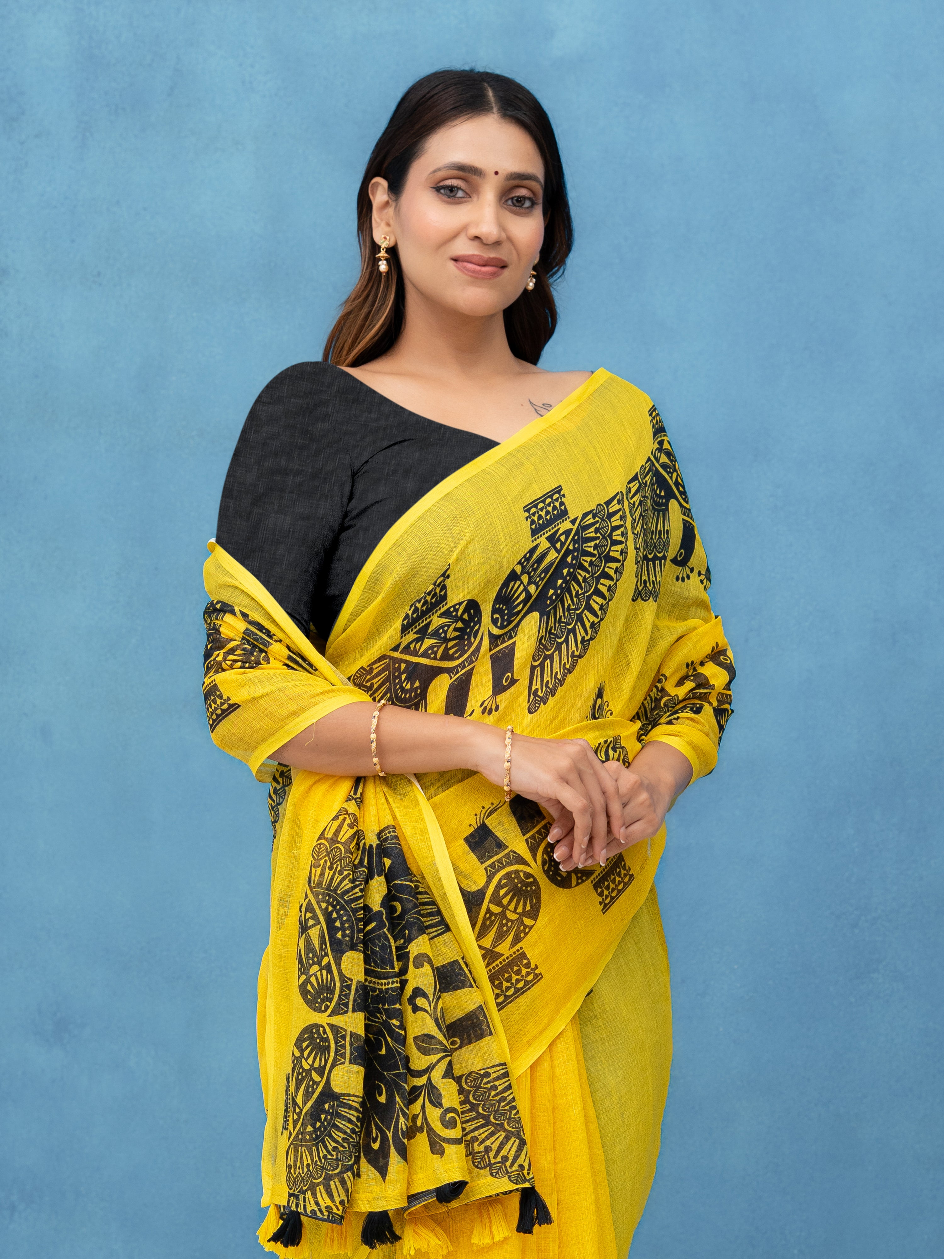 Yellow Cotton Linen Saree