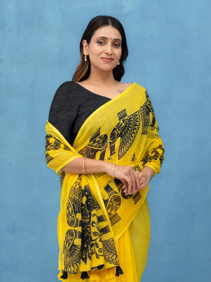 Yellow Cotton Linen Saree