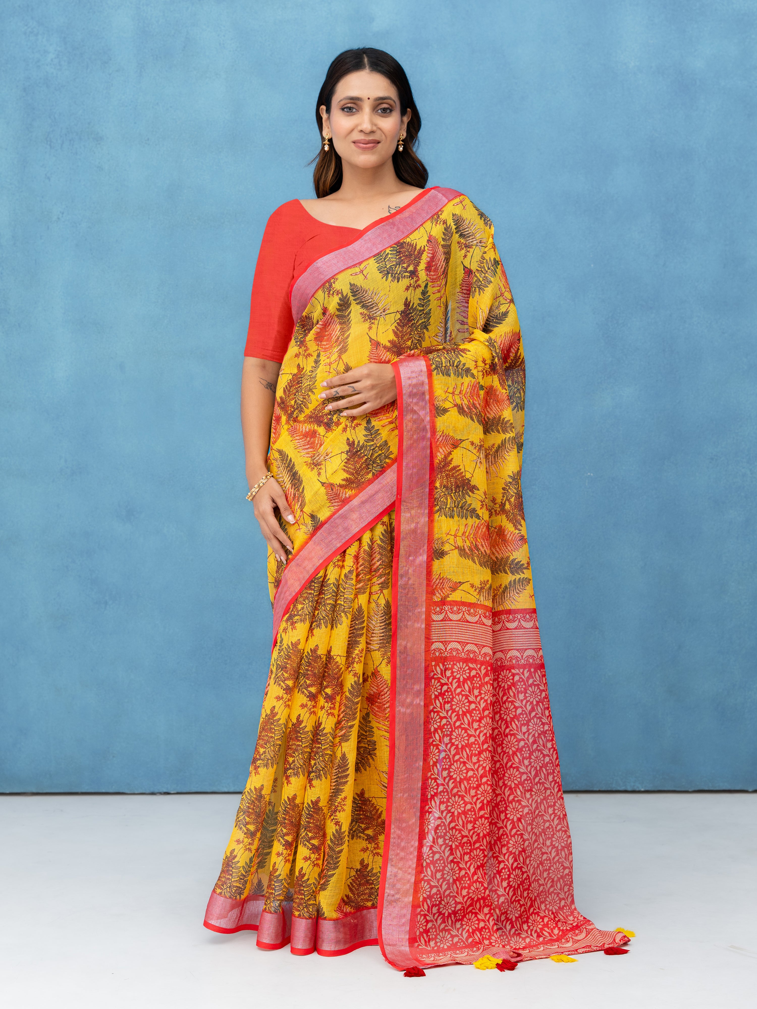 Yellow Cotton Linen Saree