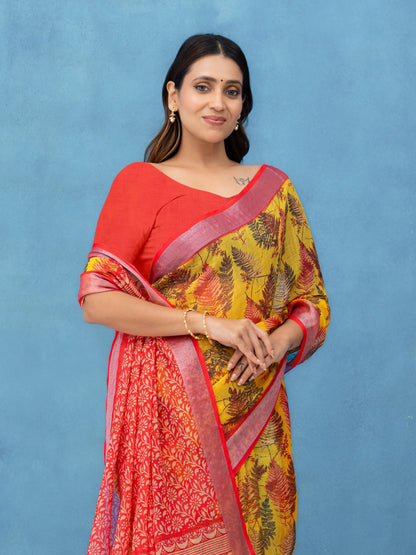 Yellow Cotton Linen Saree