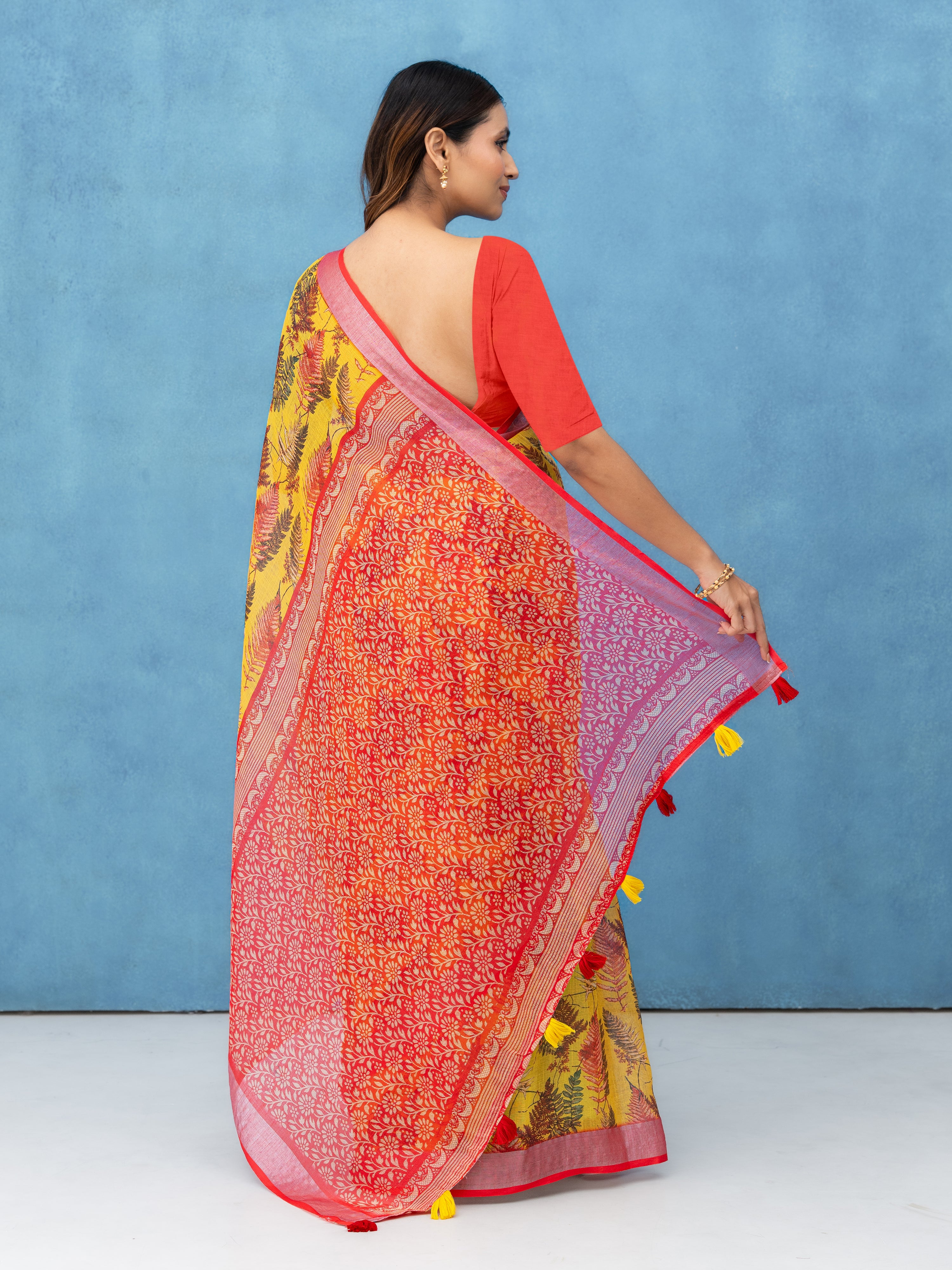 Yellow Cotton Linen Saree