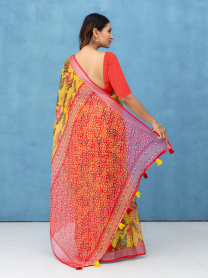 Yellow Cotton Linen Saree