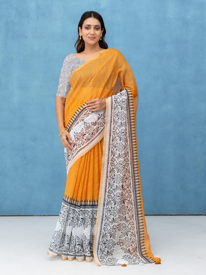 Orange &amp; White Cotton Linen Saree