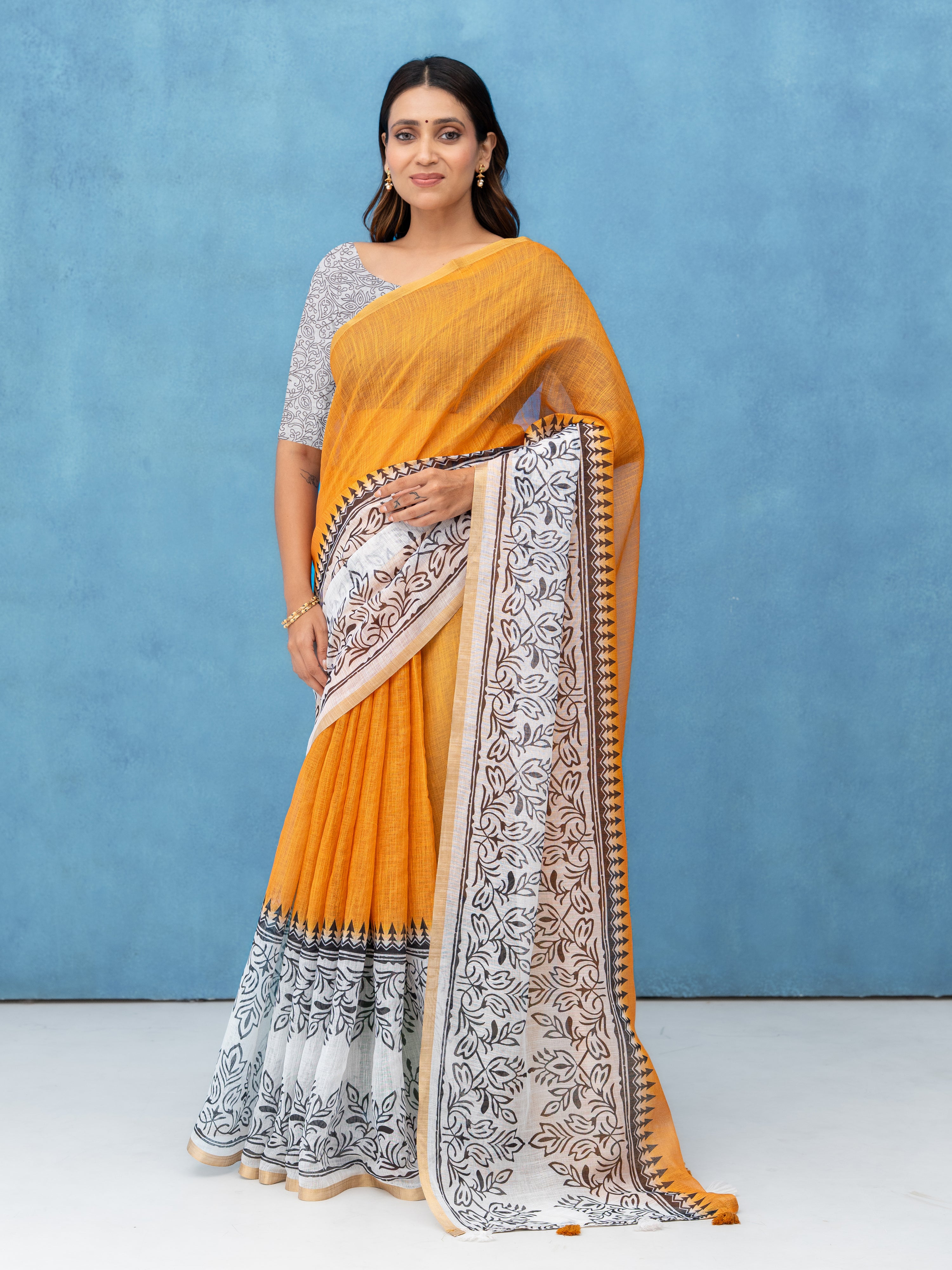 Orange &amp; White Cotton Linen Saree