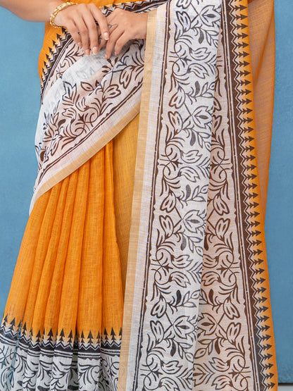 Orange &amp; White Cotton Linen Saree