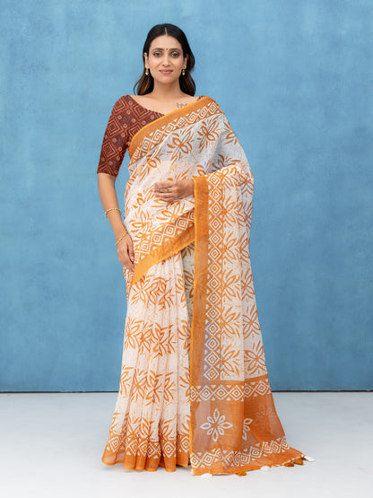 Orange Cotton Linen Saree