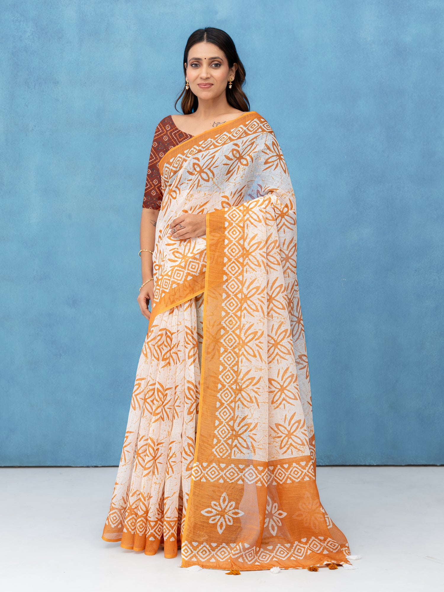 Orange Cotton Linen Saree