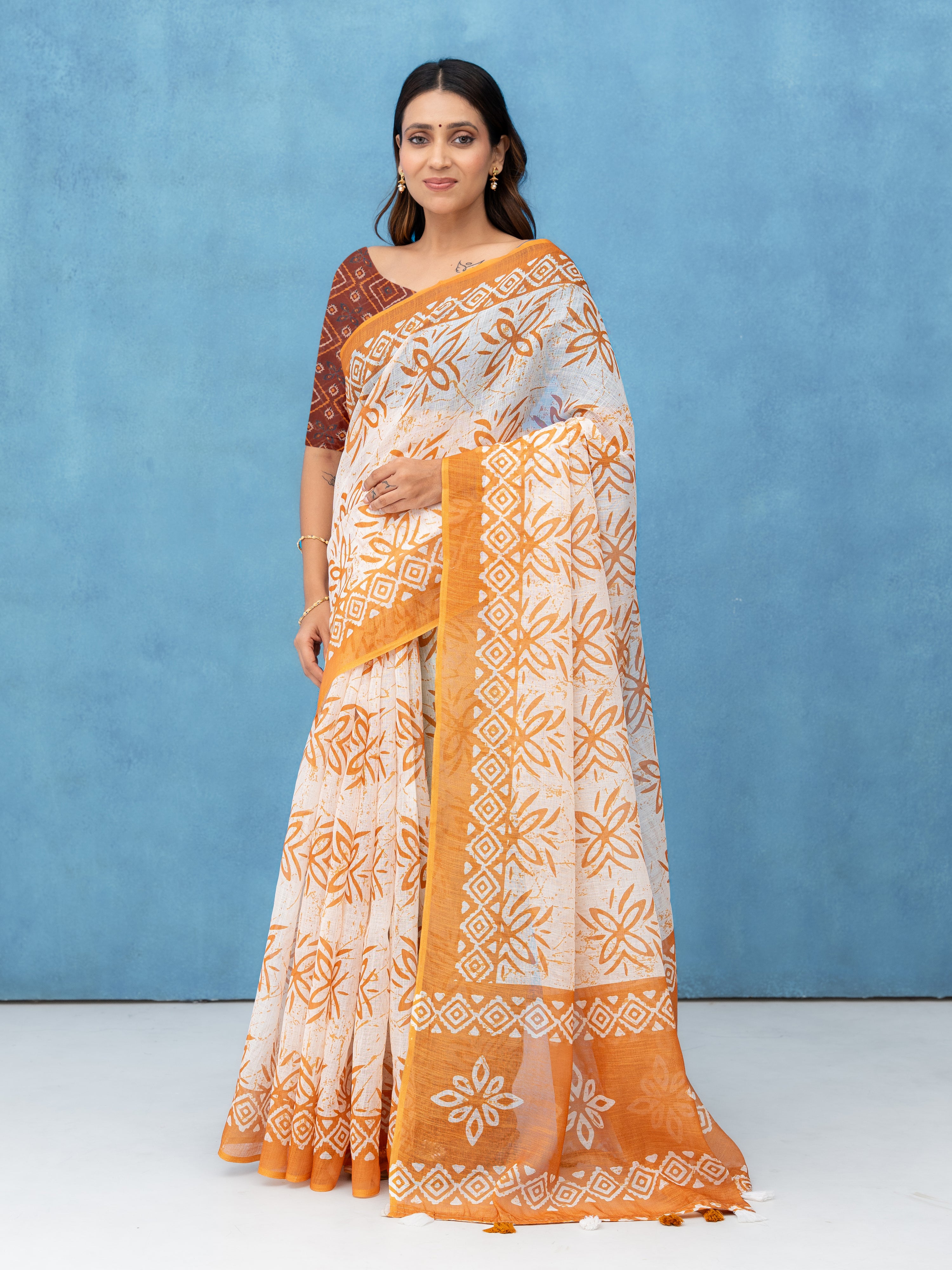 Orange Cotton Linen Saree