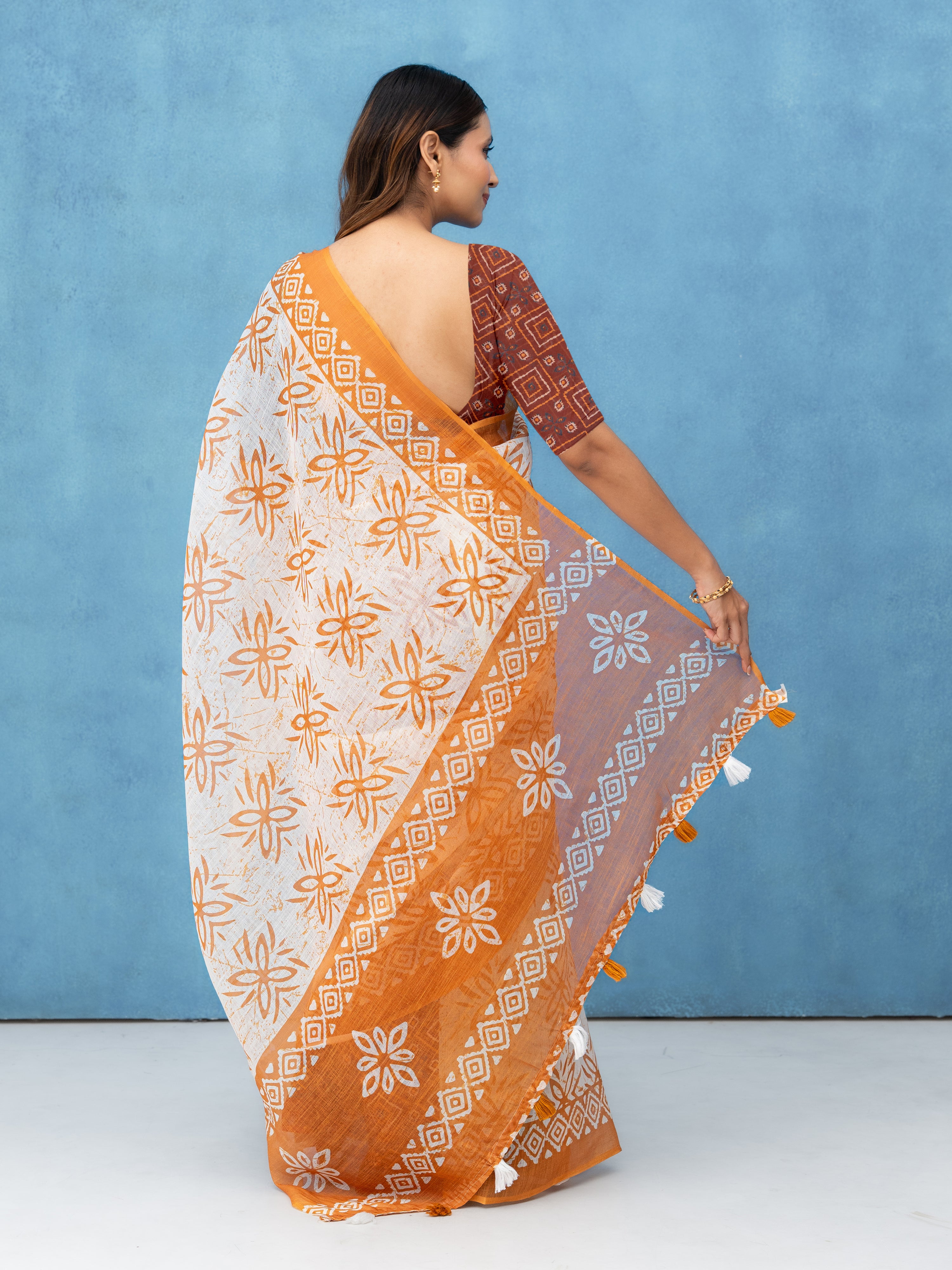Orange Cotton Linen Saree