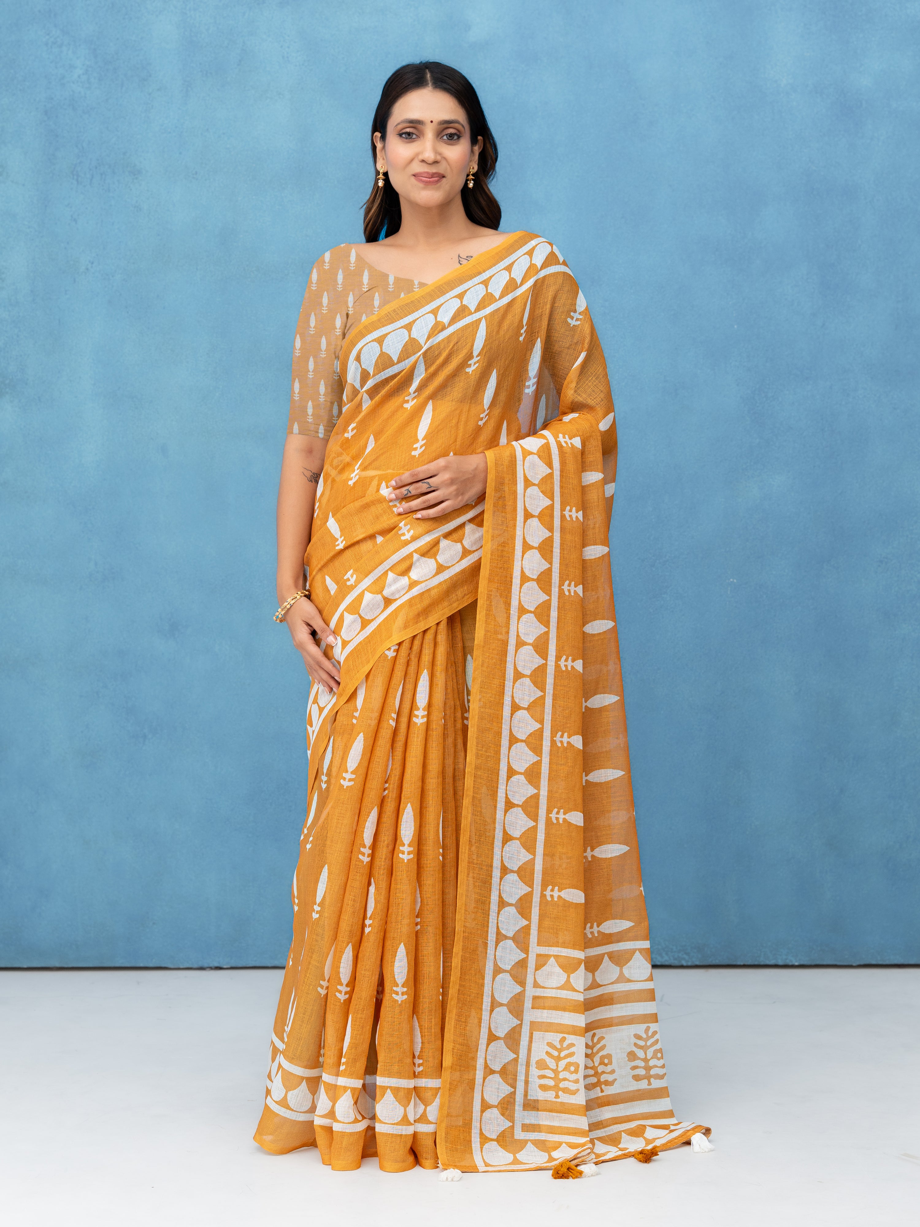 Mustard Cotton Linen Saree