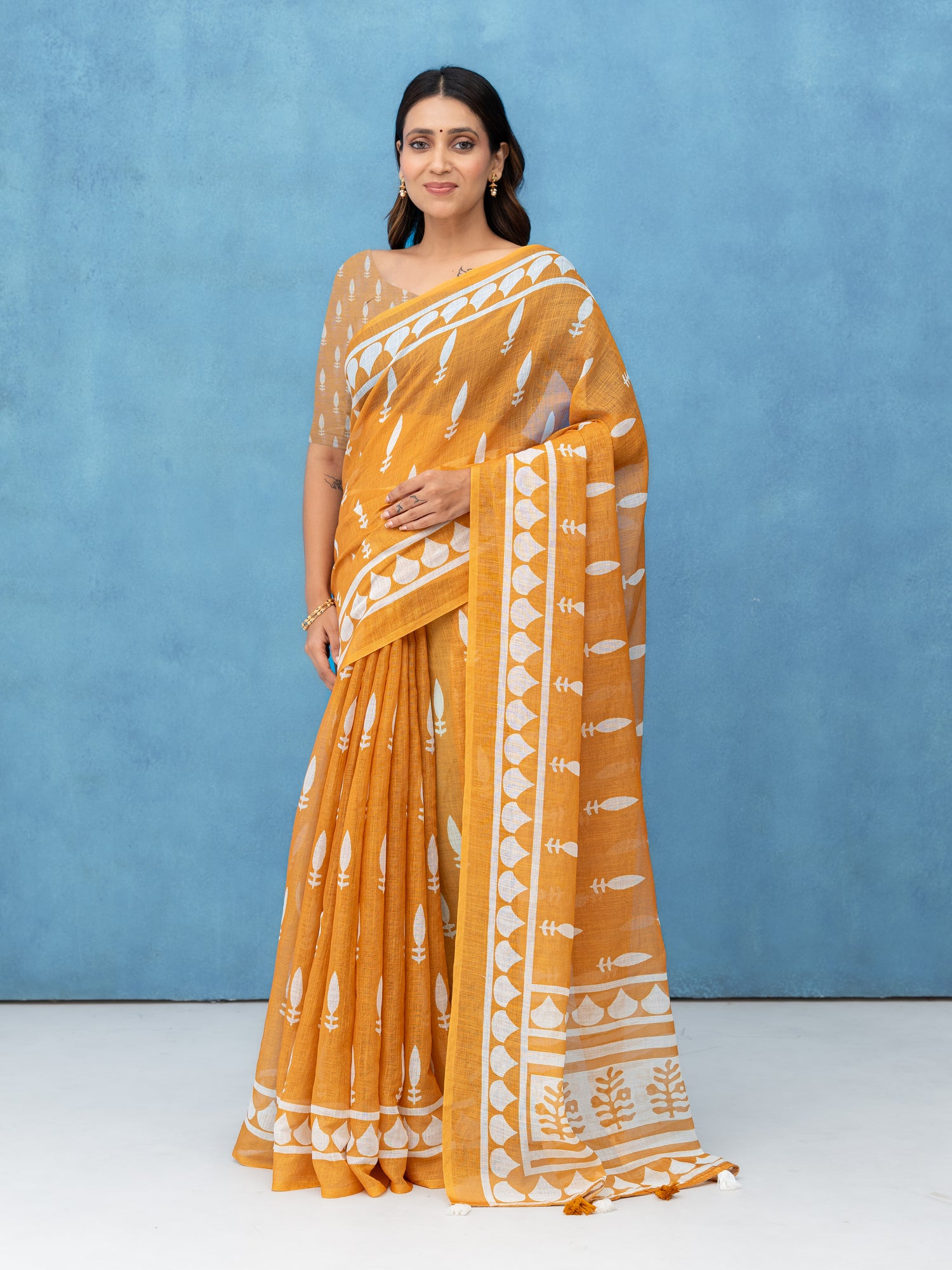 Mustard Cotton Linen Saree
