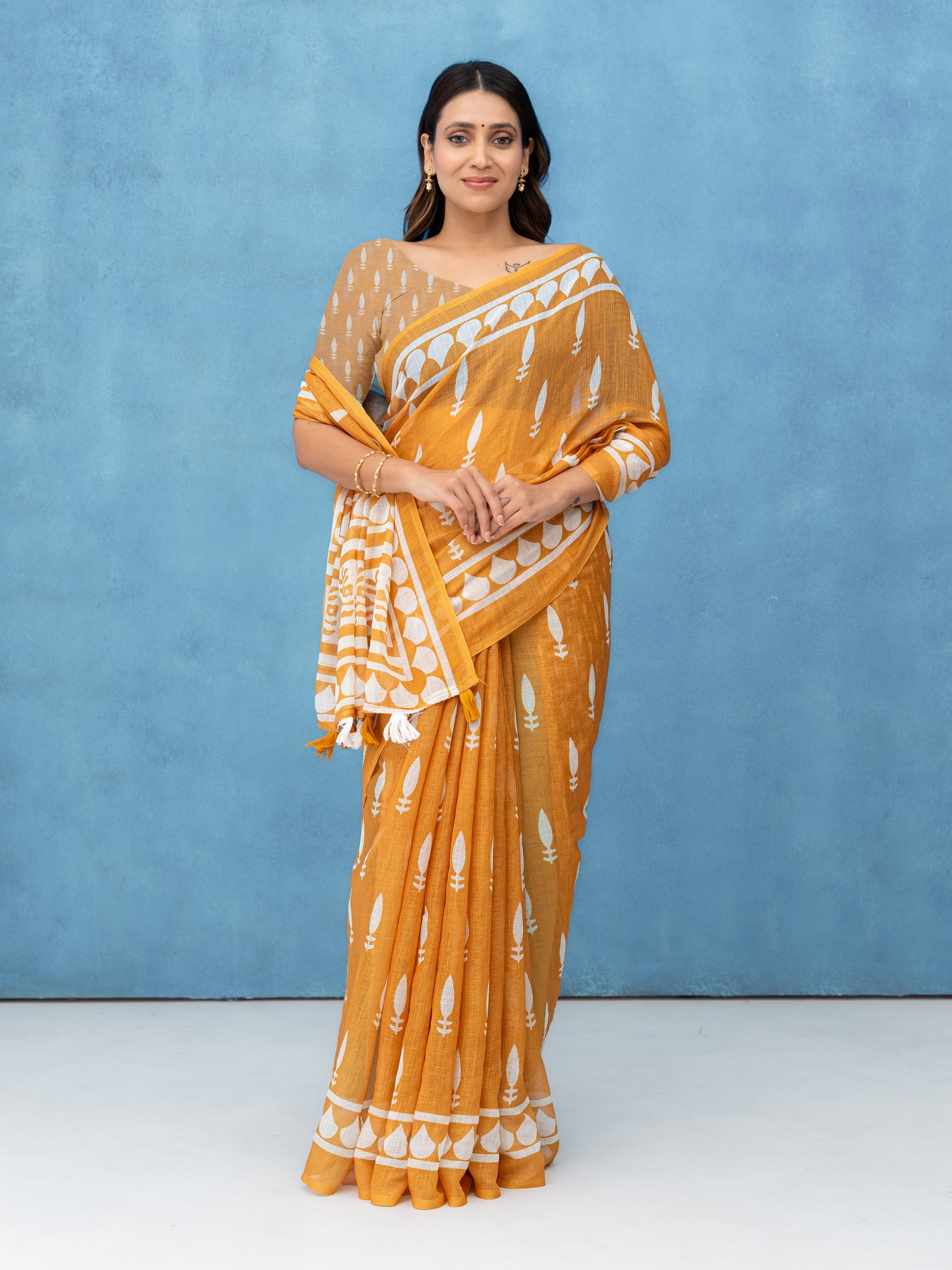 Mustard Cotton Linen Saree