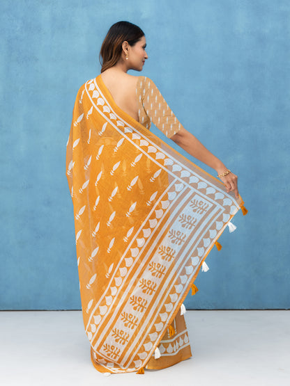 Mustard Cotton Linen Saree