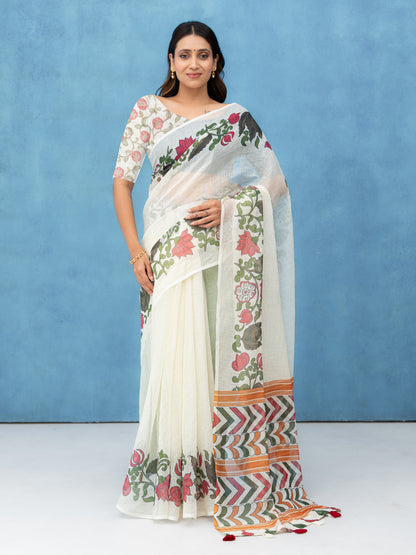 Off-White Cotton Linen Saree