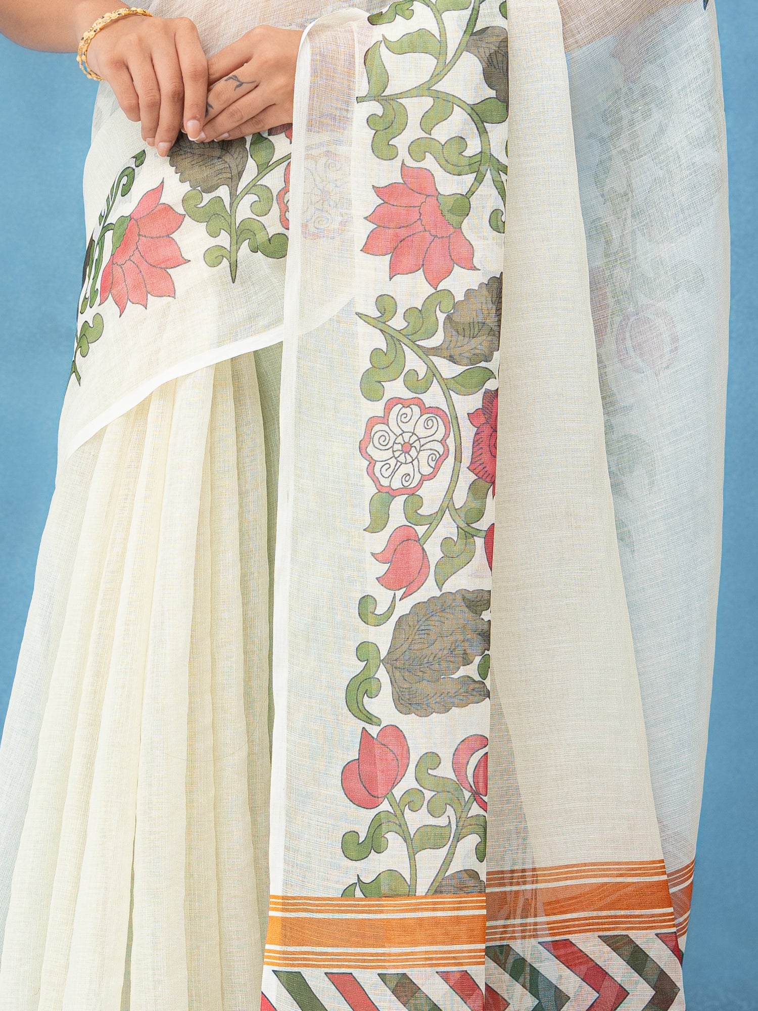 Off-White Cotton Linen Saree