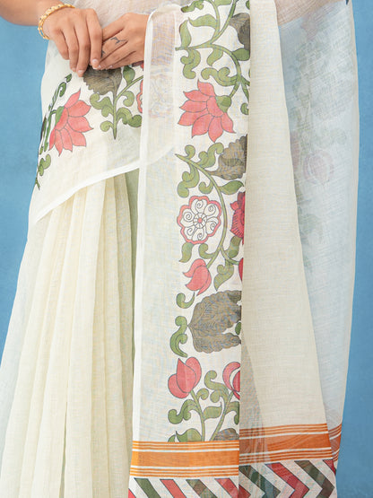 Off-White Cotton Linen Saree