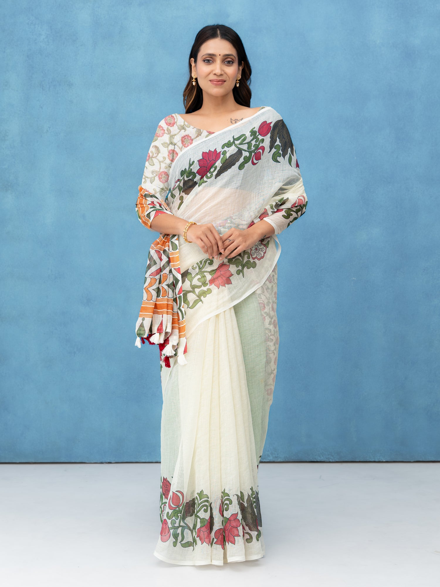 Off-White Cotton Linen Saree
