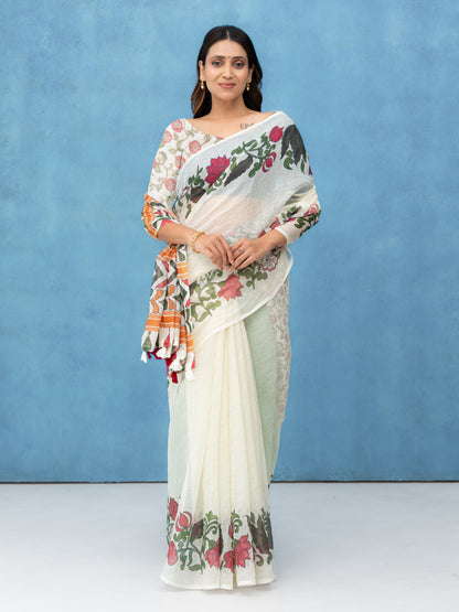Off-White Cotton Linen Saree