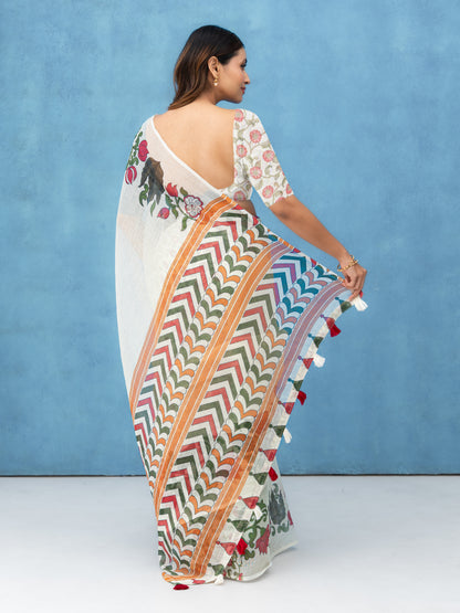 Off-White Cotton Linen Saree