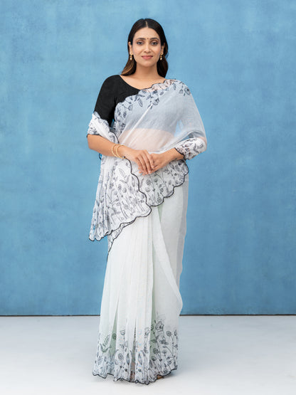 White Cotton Linen Saree