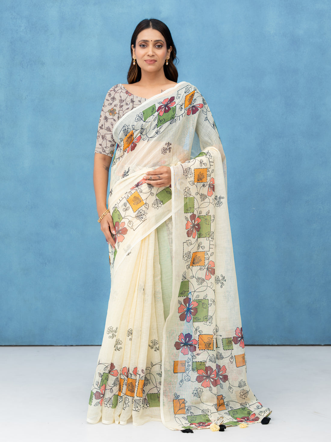 Off-White Cotton Linen Saree