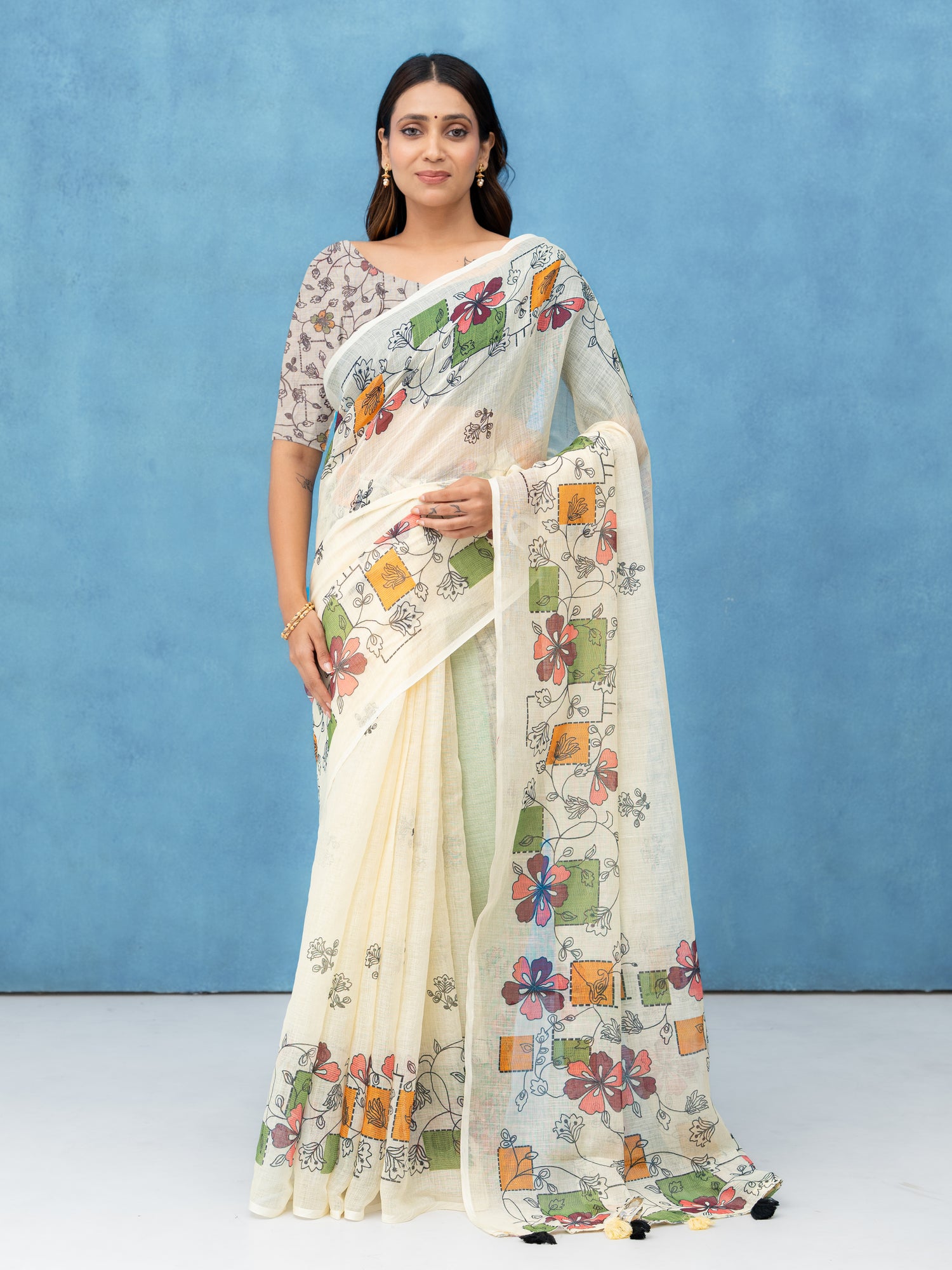 Off-White Cotton Linen Saree