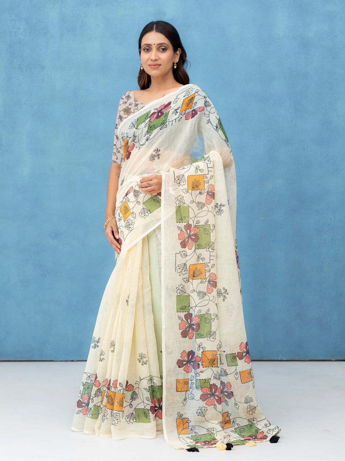 Off-White Cotton Linen Saree