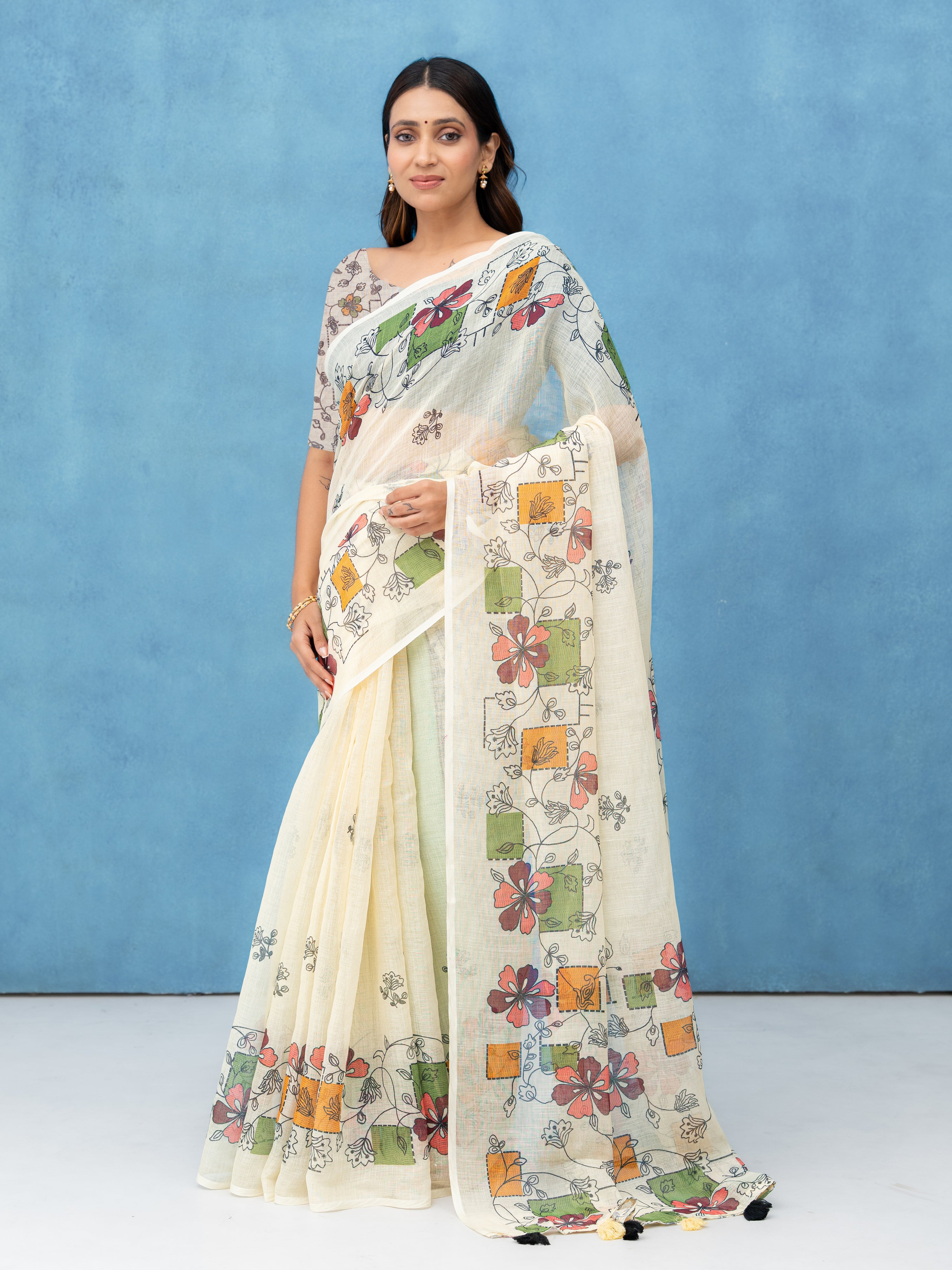 Off-White Cotton Linen Saree