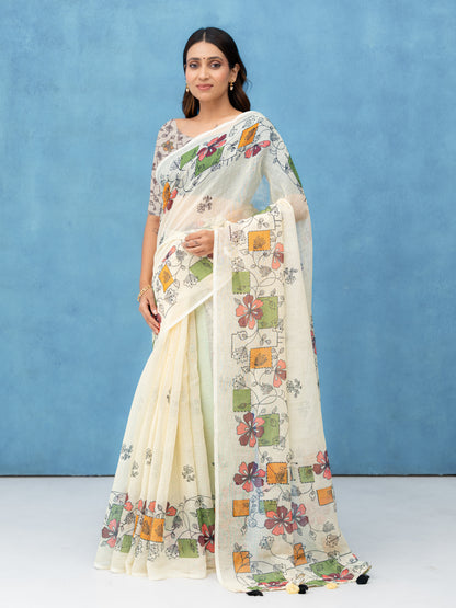 Off-White Cotton Linen Saree
