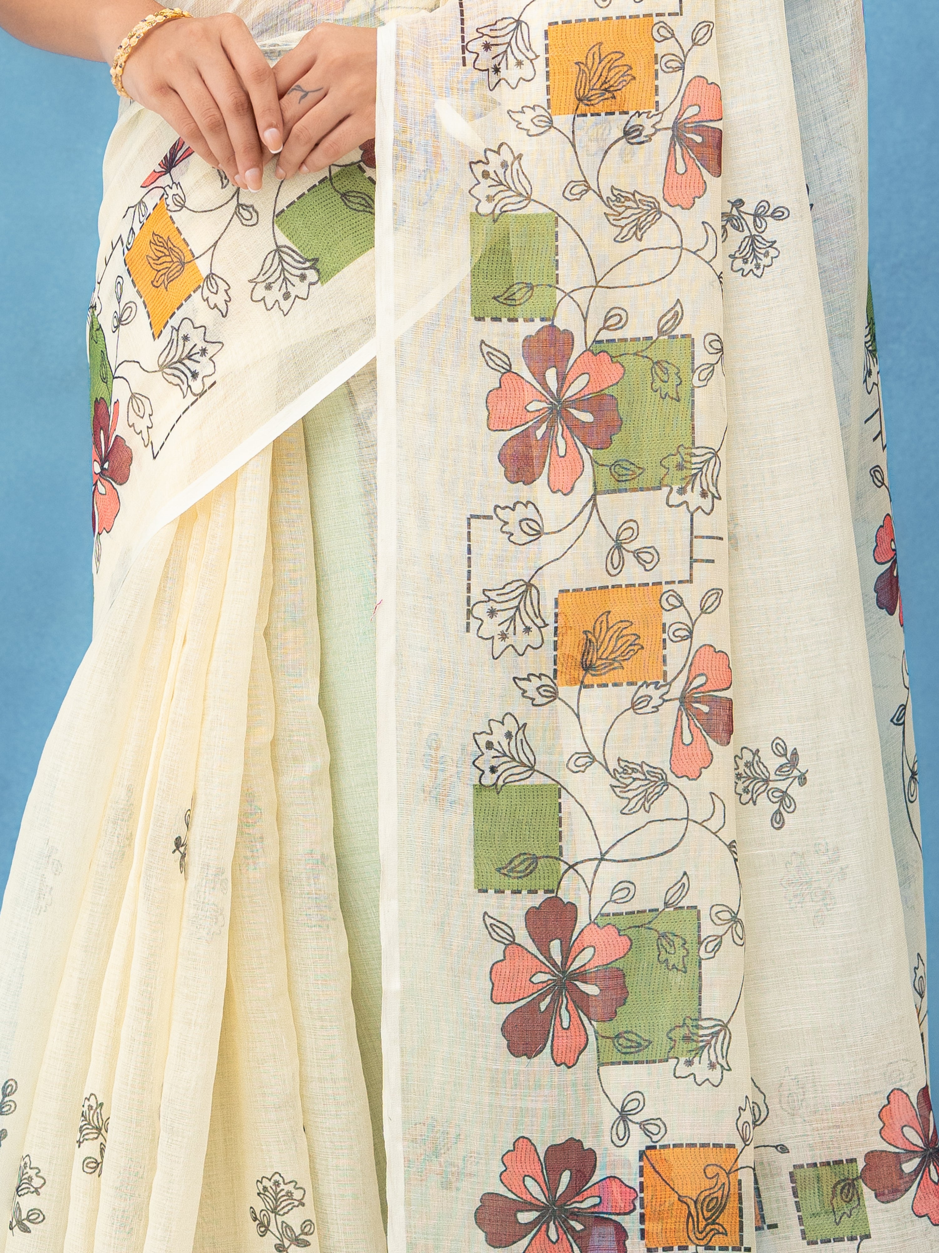 Off-White Cotton Linen Saree