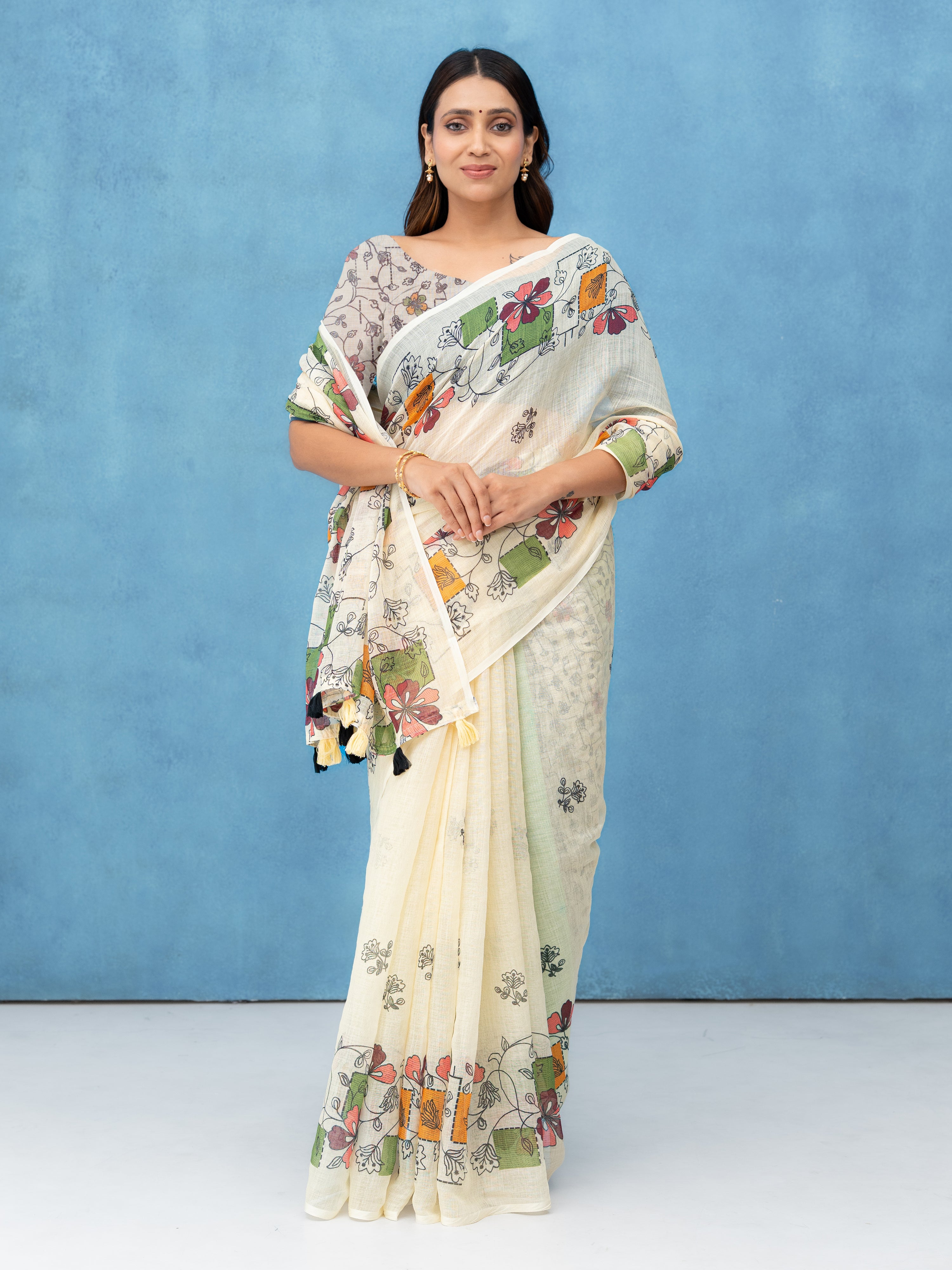 Off-White Cotton Linen Saree