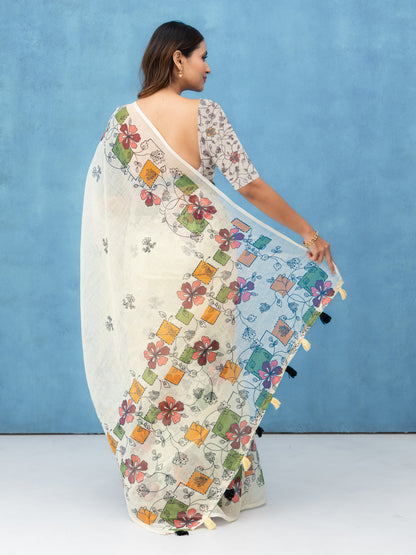 Off-White Cotton Linen Saree