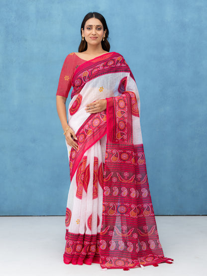 White &amp; Red Cotton Linen Saree