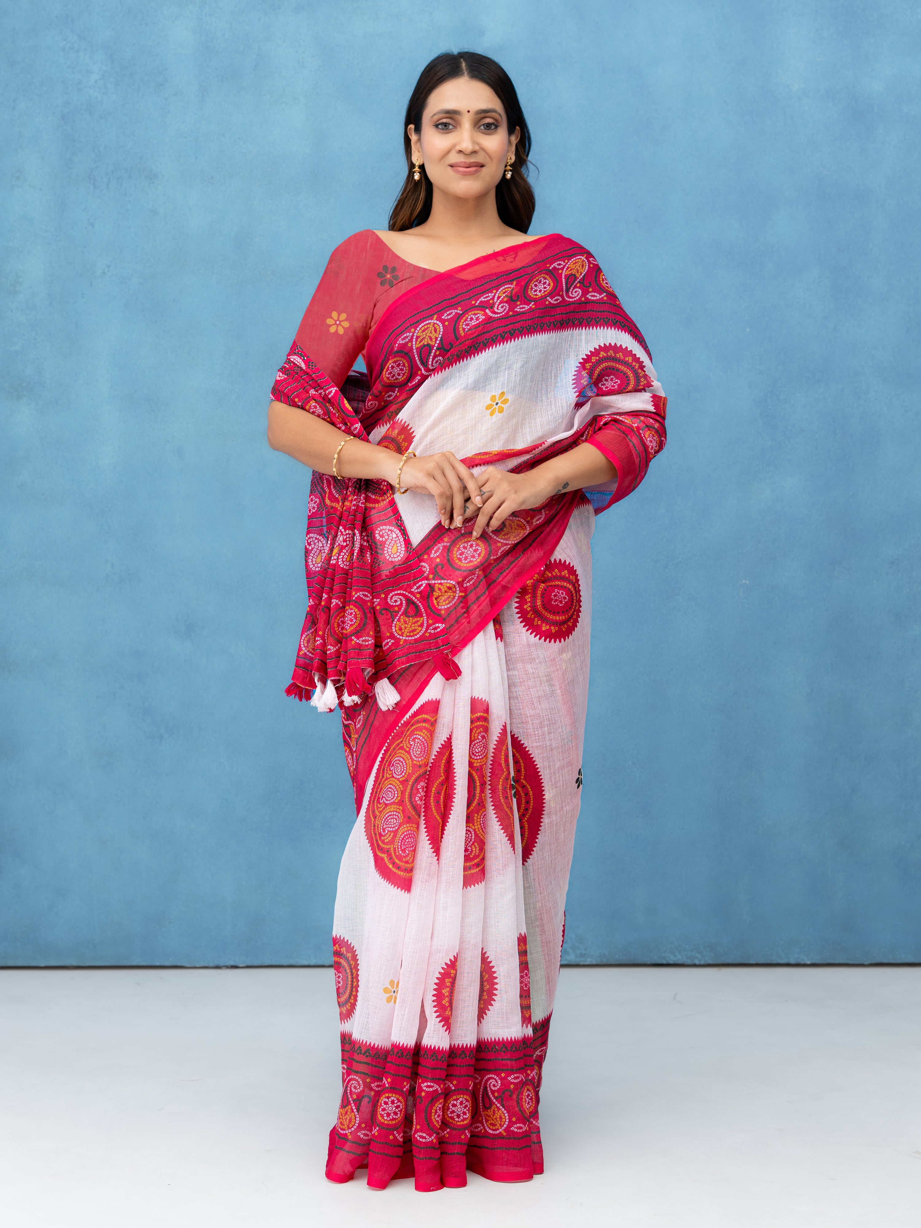 White &amp; Red Cotton Linen Saree