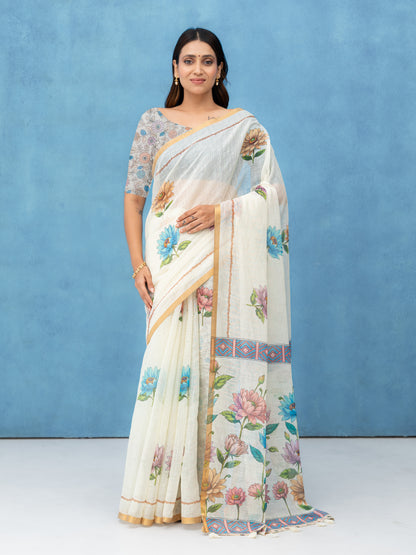 Off-White Cotton Linen Saree