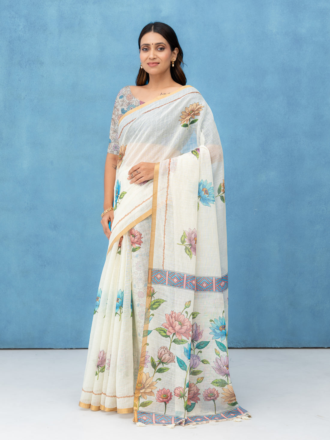 Off-White Cotton Linen Saree
