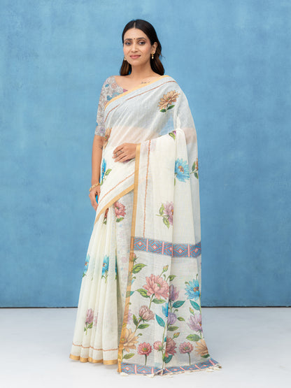Off-White Cotton Linen Saree
