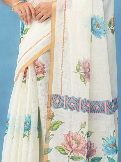 Off-White Cotton Linen Saree