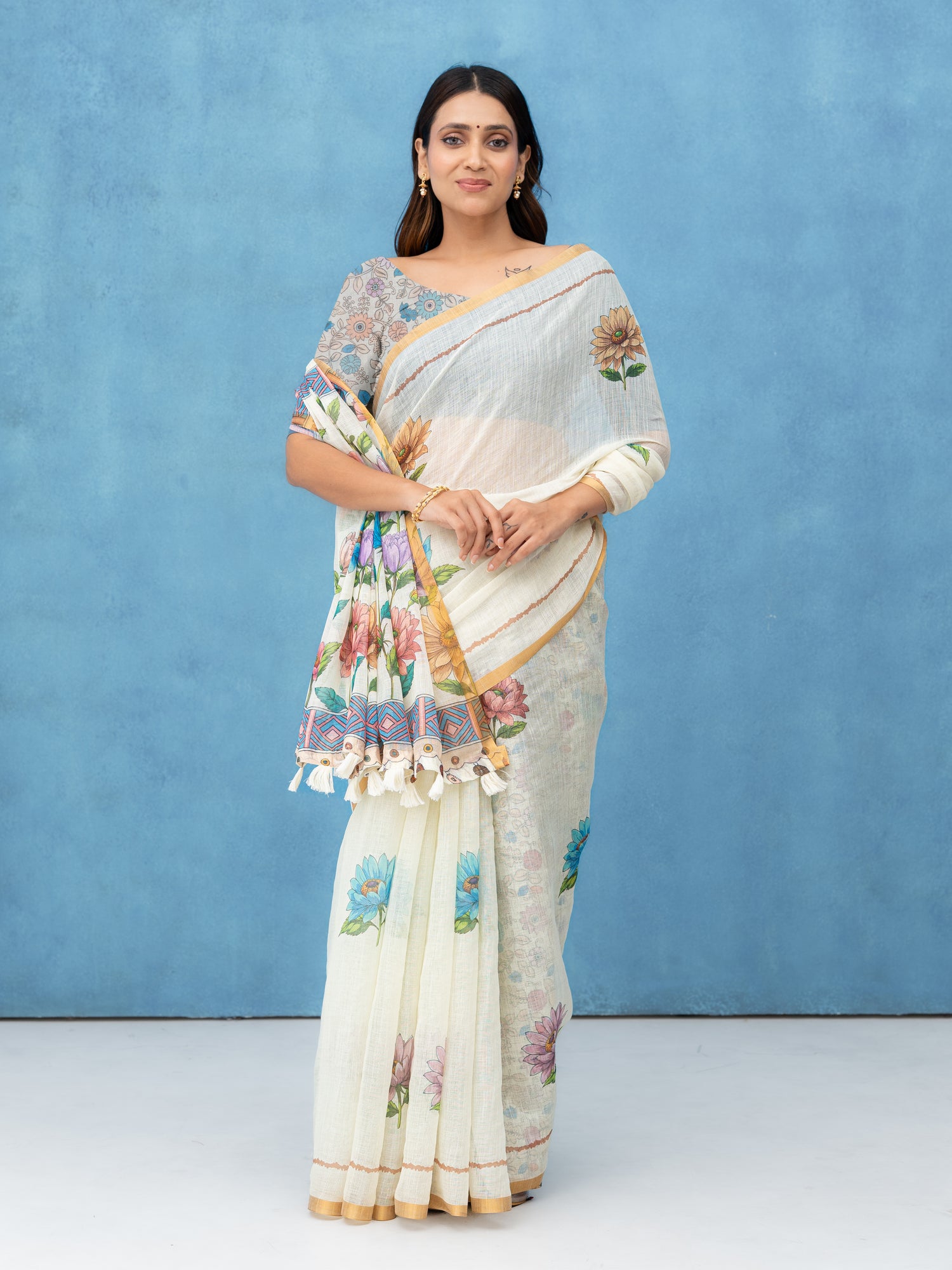 Off-White Cotton Linen Saree