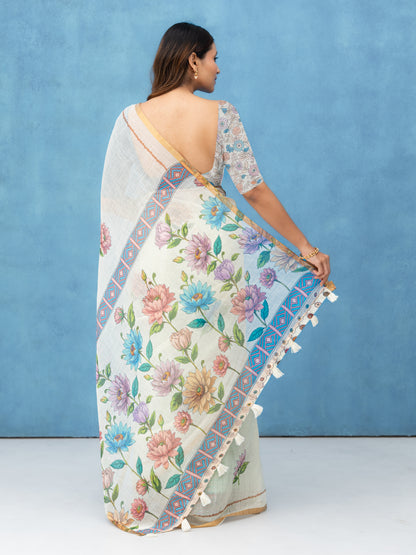 Off-White Cotton Linen Saree