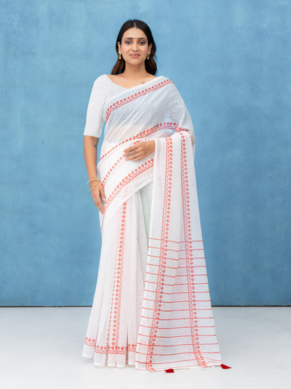 White &amp; Red Cotton Linen Saree