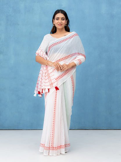 White &amp; Red Cotton Linen Saree