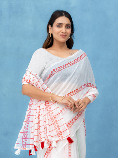 White &amp; Red Cotton Linen Saree